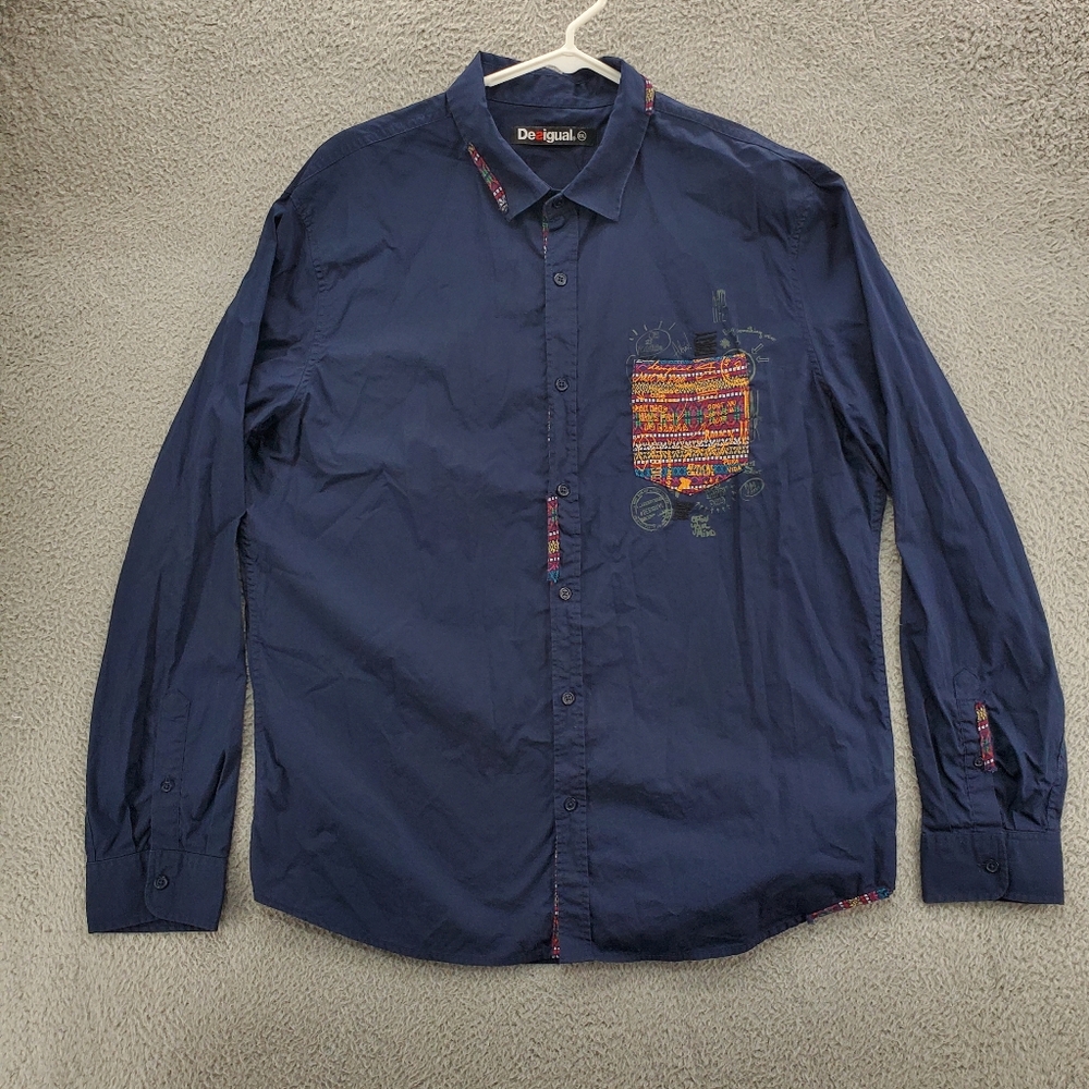 Desigual Button Up Shirt Mens Size XXL Blue Long Sleeve Embroidered Design